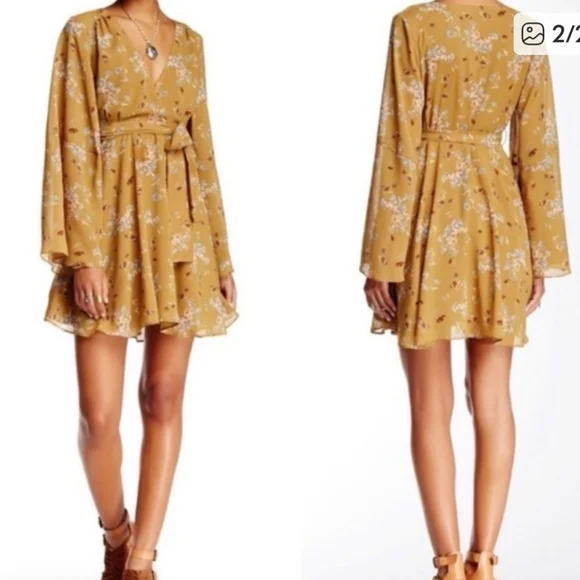 Free People Floral Lilou vneck Bell Sleeve Mini Wrap Dress - Picture 2 of 10